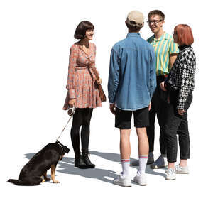 four cut out young people and a dog standing in a group and talking