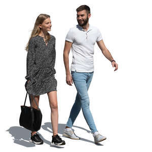 cut out smiling man and woman walking and talking