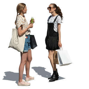 two cut out young women with shopping bags standing and talking