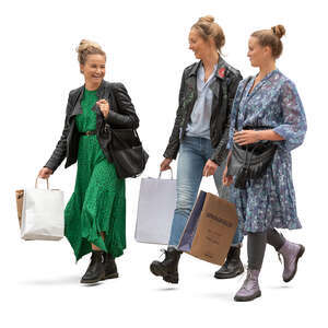 three cut out happy women with shopping bags walking