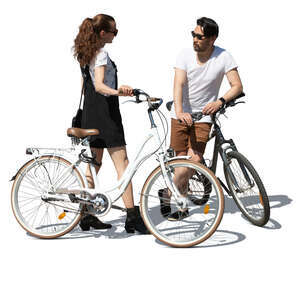 cut out man and woman with bicycles standing and talking