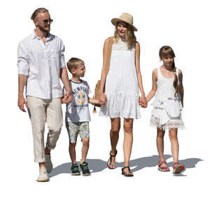 cut out family with two kids in white summer clothes walking hand in hand