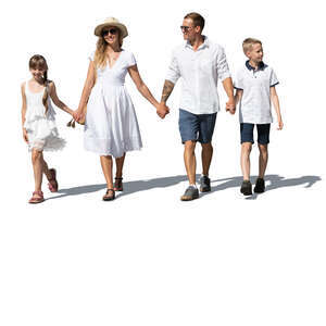 cut out happy family with two kids in white summer clothes walking hand in hand