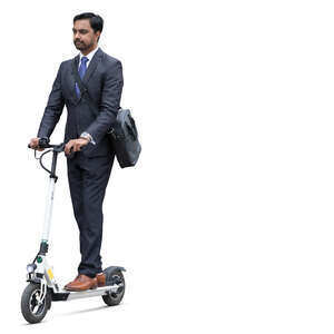 cut out businessman riding a white elecrtric scooter