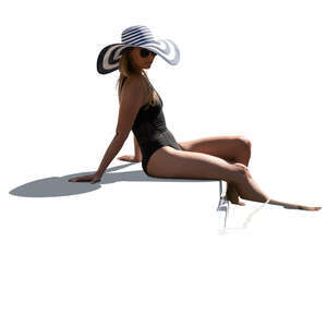 cut out woman with a big hat sitting on the edge of a pool