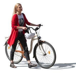 cut out woman walking while pushing a bike