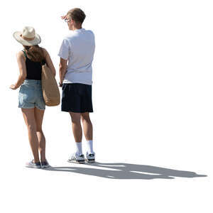 cut out man and woman leaning on a railing and looking into distance