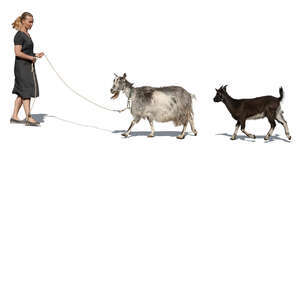 cut out woman with two goats walking in the garden