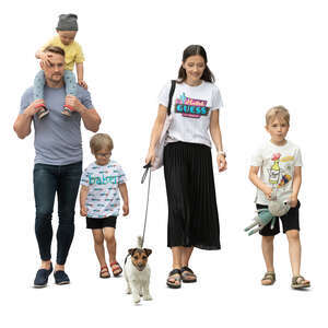 cut out family with three kids and a dog walking