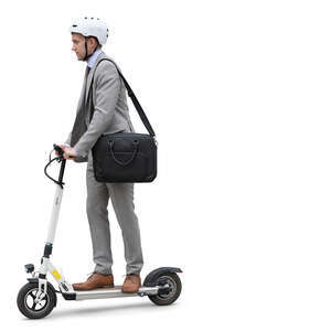 cut out young businessman with a helmet riding a scooter