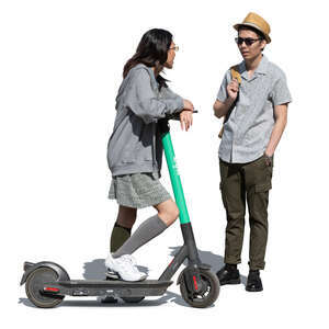 cut out woman with a scooter standing and talking to a friend