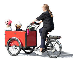 cut out mother and three kids riding a family cargo bike