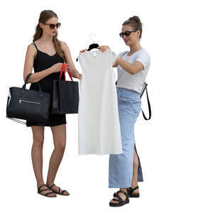 cut out two women standing in a store and looking at a dress