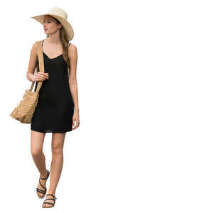 cut out woman in a black mini summer dress walking