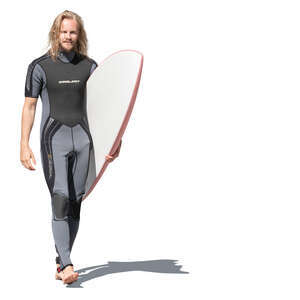 cut out man in a kalypso walking and carrying a surfboard