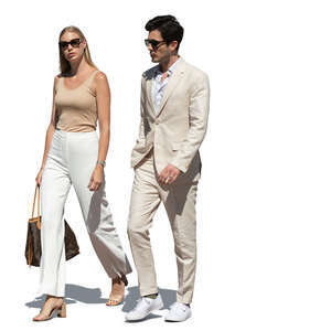 cut out posh man and woman in white summer clothes walking and talking