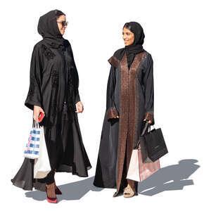 two cut out muslim woman with shopping bags standing anad talking