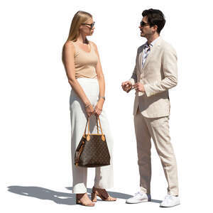 cut out man in a white suit standing and talking with a beautiful woman