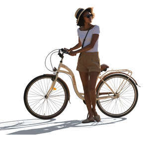 cut out backlit black woman with a bicycle standing