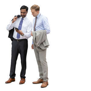 two cut out businessmen standing and looking at a smartphone