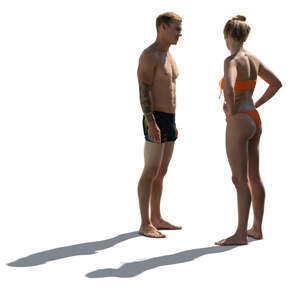 two cut out backlit people in bathing suits standing and talking