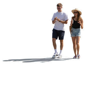 cut out backlit man and woman walking and eating ice cream