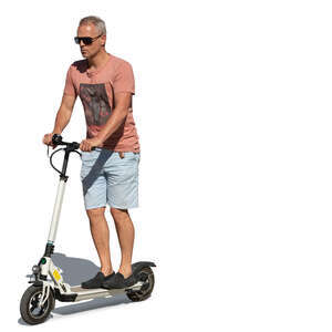 cut out middle aged man riding an electric scooter