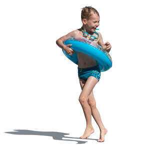 cut out little boy with a swim ring running happily