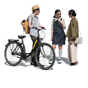 cut out man with a bicycle standing and talking to two women