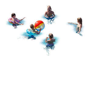 cut out family with three kids playing with a beach ball in the pool