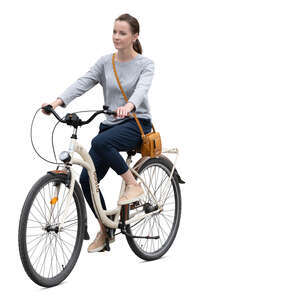 cut out woman riding a beige bicycle