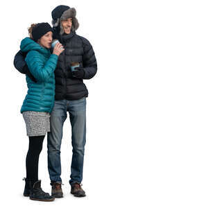 cut out couple in winter clothes standing outside and drinking coffee