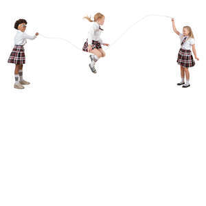 three cut out schoolgirls playing with jumping rope 