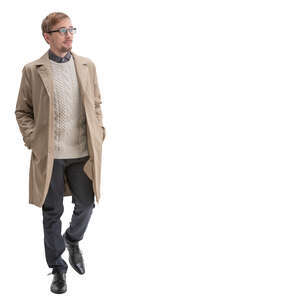 cut out man in a beige overcoat walking