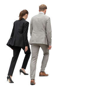 cut out businessman and businesswoman walking up the stairs