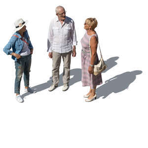 three elderly people standing seen from above