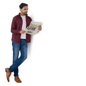 cut out man leaning against the wall and reading a newspaper