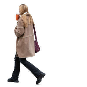 cut out woman walking and drinking coffee