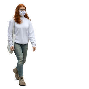 cut out young woman with a face mask walking