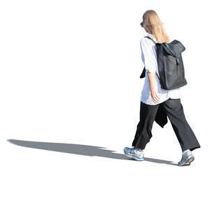 cut out young woman with a black leather backpack walking