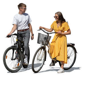 cut out young man and woman with bicycles standing and talking