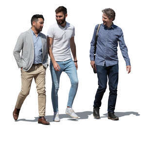 three men walking and talking