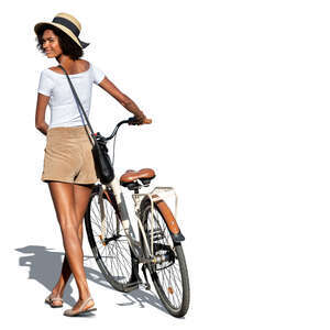 cut out woman with a bicycle walking and looking back over her shoulder