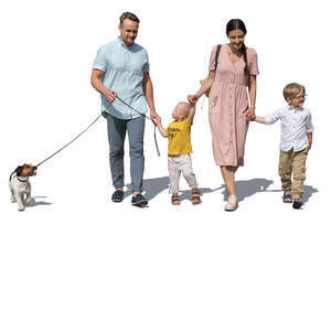 family with two kids and a dog walking