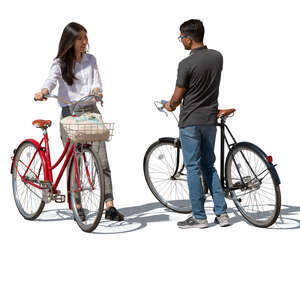 man and woman with bikes standing and talking