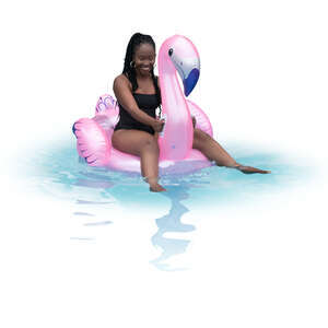 cut out woman relaxing in the pool on a pink flamingo floatie