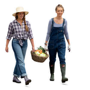 two cut out women walking and carrying a vegetable basket