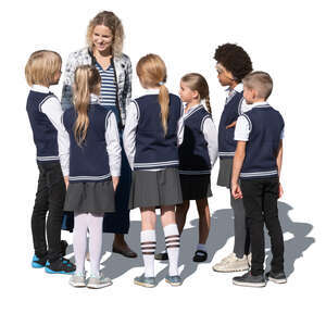 cut out group of school children talking to their teacher