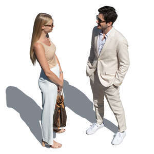 cut out man and woman standing and talking seen from above