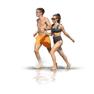 two cut out young people running on the beach